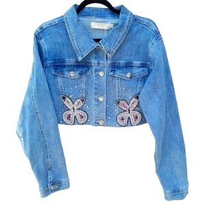 Lizette Collection Embellished Cropped Long Sleeve Denim Jacket Women Medium